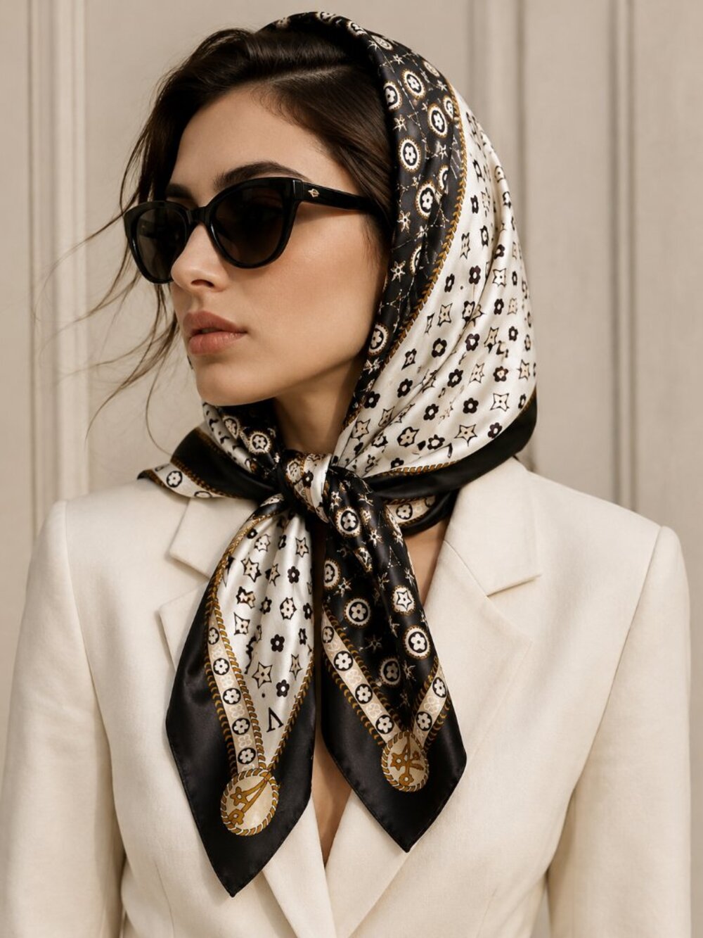 Black Ivory Gold Monogram Print Square Scarf Silky Satin Hair Neck Wrap